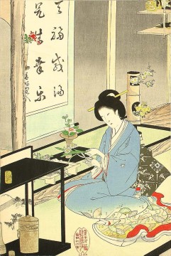 Chikanobu Pintura al %c3%b3leo - Arreglos florales y ceremonia del té 1895 Toyohara Chikanobu Japonés